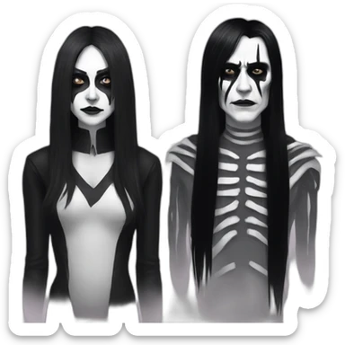 a man with long black hair and a woman with long black hair and bangs both wearing corpse paint sticker