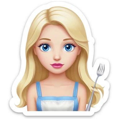 Cinematic realistic beautiful blonde with long hair, blue eyes and pink lips in a white dress cooks sticker