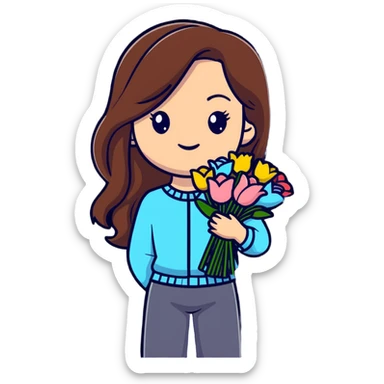 cool girl with long brown hair holding a bouquet of flowers, trendy outfit, stylish sticker