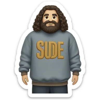 Hagrid wears a Sweatshirt with the word Sude on it sticker