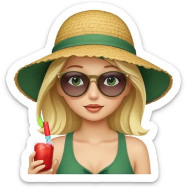 
blonde girl in dark green beach big hat adjusting sunglasses sticker