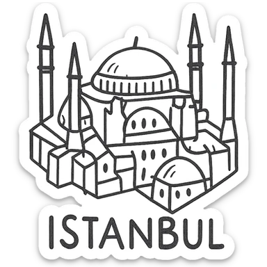 Isometric illustration of Istanbul, featuring real photorealistic Hagia Sophia with ts large central dome and four tall minarets, with real transparent background sticker