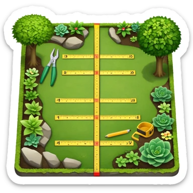 Icon for Landscape Design: a garden layout with plants, trees, paths, and design tools like a ruler, pencil and measuring tape. The icon should represent creativity in outdoor space planning and gardening. Transparent background. sticker