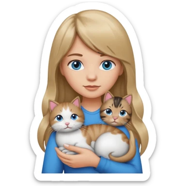 Apple-style emoji sticker of a young woman with long dark blond hair and bang, blue eyes , holding a kitty with black and white patch on her chest.  sticker