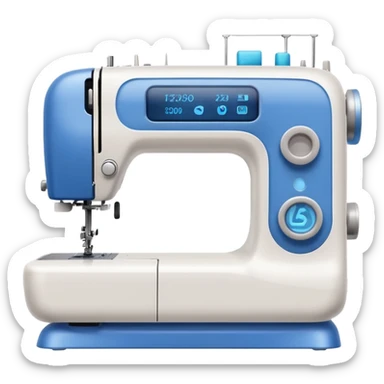 Emoji of a modern sewing machine inspired by a Brother machine. Soft, rounded shapes in the style of Apple emojis, with subtle gradients and soft shadows. White body with light gray details, a blue thread spool on top, a small digital screen and a round dial. sticker