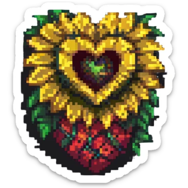 a sunflower wrapped around a human heart, vibrant colors, pixel art style sticker