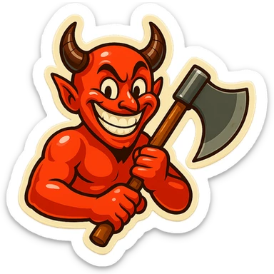 Transform the devil into a humorous, happy character with a Joker-like grin and playful attitude. Keep the axe, use vibrant colors and a comical, lighthearted mood. sticker