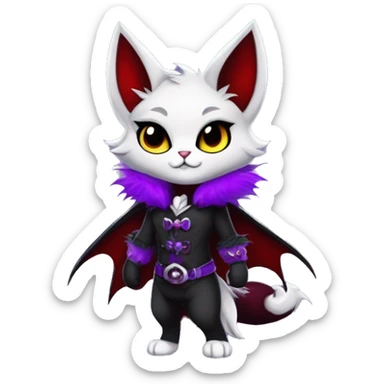 Anthro-Cute-Edgy-Cool-Vampiric-Batty-Cat-Black-Purple-Red-Grey-White-Yellow-Contrast-Colors-Fantasy-Fur-Sona-Chibi-Shiny-Fakémon-Hybrid with horns and fangs and collar full body sticker