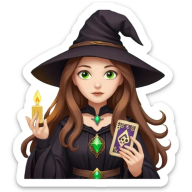 dark witch girl with long light brown hair and green eyes and Tarot cards sticker