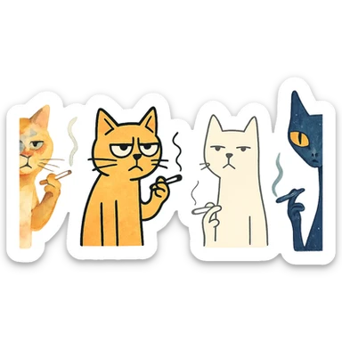 cat holding a cigarette, various artistic styles, creative and stylized illustration sticker