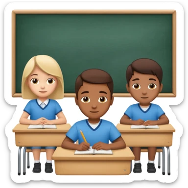 three school children sitting in a row behind their school desks sticker