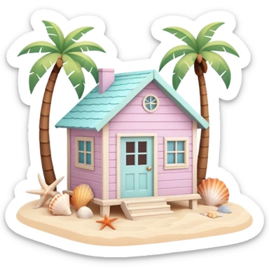 cute beach house, small seaside house, wooden walls, pastel colors, palm trees, seashells, warm sunlight, 3D cartoon, mobile game icon style, soft shadows, clean background, no text, no watermark
 sticker