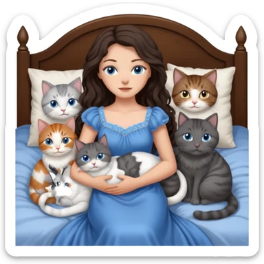 detailed realistic looking a dark grey and white cat regally laying with six other cats, cuddling with their owner in bed who is a pretty bratz lightly tanned white girl with long dark brown hair, blue eyes and gorgeous long wavy hair wearing a pretty detailed dress sticker
