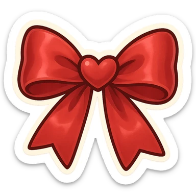 chibi style bow, red satin, shiny, simple and elegant, tied neatly, heart motif sticker