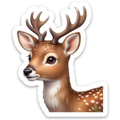 Cinematic Cute Deer Portrait Emoji, Head tilted playfully and inquisitively, showcasing a delicate Fur speckled with subtle white spots and gentle earth tones, round, sparkling eyes filled with curious wonder, Simplified yet irresistibly adorable features, highly detailed, glowing with a warm, friendly glow, high shine, affectionate and graceful, stylized with a touch of woodland whimsy, bright and endearing, soft glowing outline, capturing the essence of a mischievous yet loving fawn, so playful it feels like it could skip out of the screen into your arms! sticker