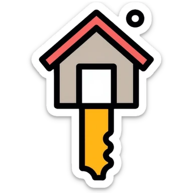 Key with a small house symbol, housing access concept for homelessness support logo sticker