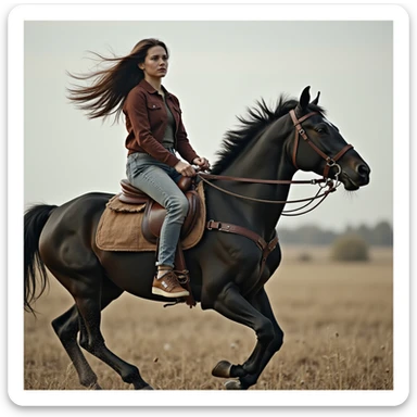 photorealistic image of a brunette girl with long hair riding a black horse without a saddle, both in motion, no background sticker