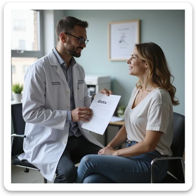 hyperrealistic 4K image of a male nutritionist in a white coat handing a sheet with the word 'dieta' to a seated female patient in his office, medical studio setting, variation 9 sticker