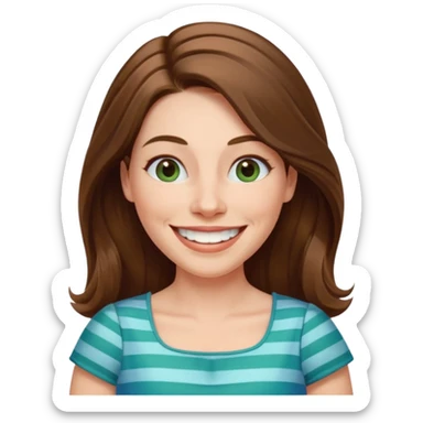 40 yr Caucasian woman, long brown hair parted on side, white stripe in hair, blue green dress ,big smile, white teeth, dimples sticker