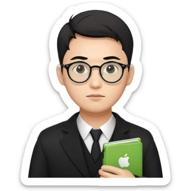 a asia white man guy his 26olds wearing an apple notebook, wearing bodyguard radio operator, round glasses, black clothes sticker