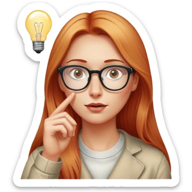 intelligent and clever, 30 year old, girl, long red and almost blond hair, glasses, has an idea, rubs her finger on the nose, light bulb over the head, casual cloth  sticker