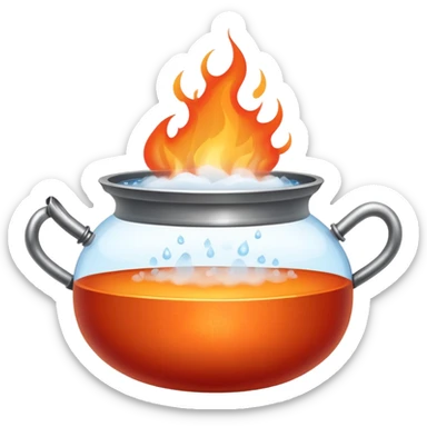 pot with boiling water and steam rising, with fire beneath the pot sticker
