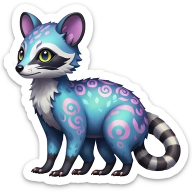 Rare iridescent white exotic epic aesthetic colorful Trico-Civet-species-Fakemon-hybrid-creature, with intricate tattoo markings, full body sticker