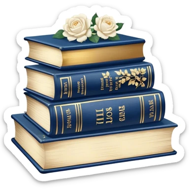 "A vintage-inspired book stack with deep blue covers, accompanied by delicate flowers and magical elements."
 sticker