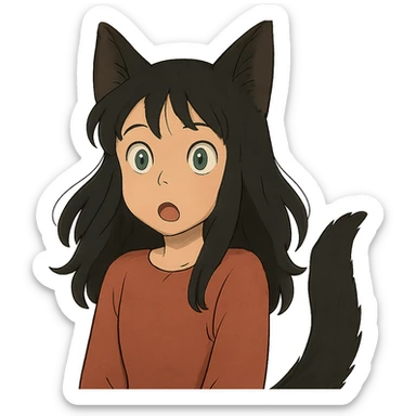 a surprised girl with huge green eyes, black fox ears, and a tail, dark hair sticker