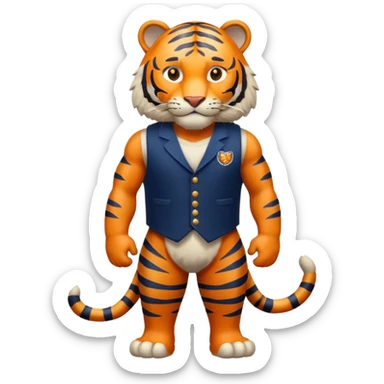 crea un tigre de cuerpo completo, que lleve un chaleco color azul marino y que en el chaleco lleve el nombre (telamon) sticker