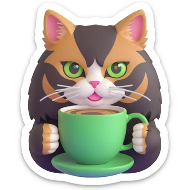 tricolor fluffy cat with big green eyes drinking a cup of coffee sticker