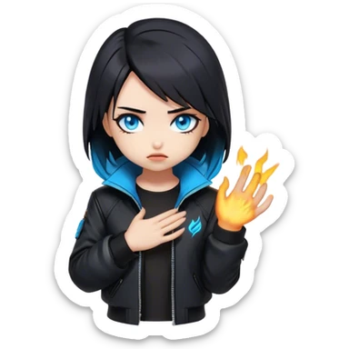 Black hair cyberpunk 2077 chibi girl with blazing blue eyes and black jacket. Hides her face in her hands shy sticker