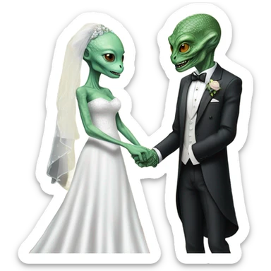 Alien reprilian woman in wedding dress, and one humman man in a tuxedo holding, hands getting married sticker