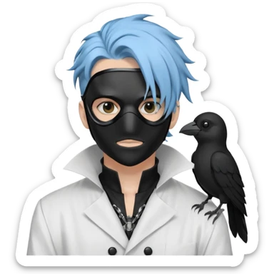 Handsome sexy adult anime man with light-blue hair and a black bird beak mask that covers whole face, black face mask, black mouth mask, black feathers draped over shoulder, wearing a white lab coat, long thin hair tendrils on the sides, with a mechanical raven sidekick sticker