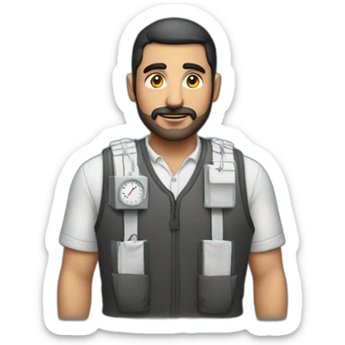 arab man in large bulky vest with electrical wires connecting pockets and a analog clock sticker
