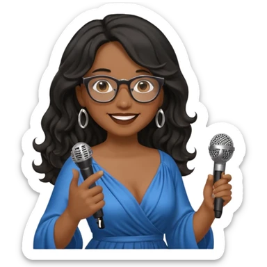 singer, Middle age, long wavy black hair, brown skin, wearing dress, holding mic, glasses sticker