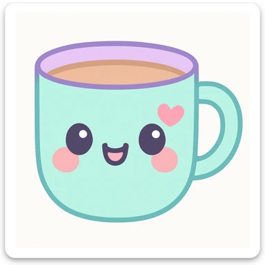 kawaii style coffee cup with a happy face, blushing cheeks, and a little heart, soft color palette sticker