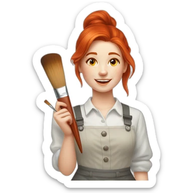 Redhead girl Artist painter with brush, on white background sticker