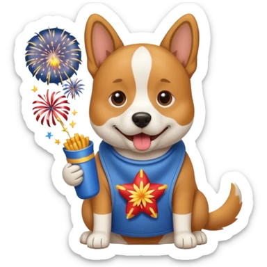 Dog eating fireworks wearing a bib sticker