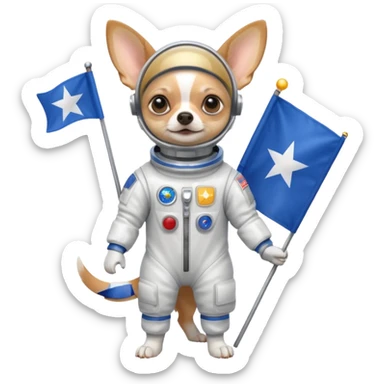 a chihuahua in space suit, holding blue rectangle flag, full body, front view sticker