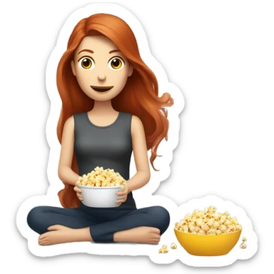 A redhead lady with long hair eating popcorn sitting down watching a robot vacuum  sticker