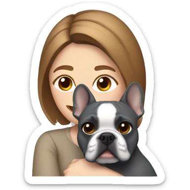 light brown hair woman hugging a dark gray french bulldog sticker