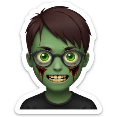 Zombie emo boy, green skin and brown hair and eyes, black glasses and a scary cut open smile, scars and blood under eyes sticker