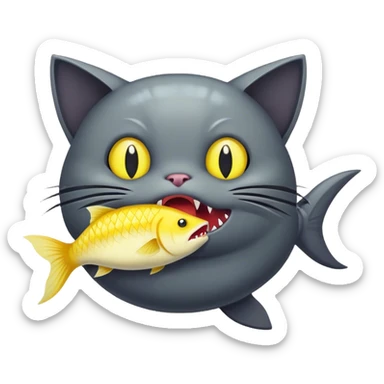 Dark grey evil cat eating a giant yellow fish, make the fish be in his mouth sticker