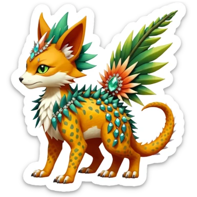 Kawaii cute reddish orangish yellowish greenish exotic tropical beautiful pretty elegant divine edgy feline-vernid-sergal-Fakémon-Pokémon-fursona-animal-creature with accessories, jewelries, full body, with intricate detailed markings, spikes, crystals, fins, scales, spiny, feathered, headdress sticker