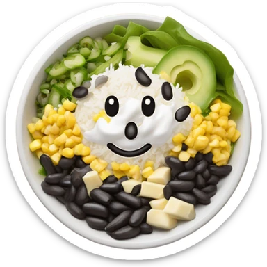 white rice black beans corn jalapeños green peppers mushrooms lettuce and sour cream salad bowl sticker