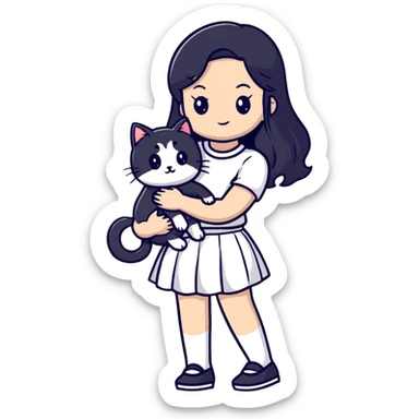 A beautiful girl with long black hair wearing a white skirt holds a cute white cat in her arms sticker