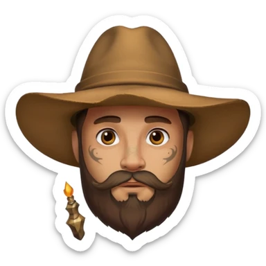 Bearded figure — large brown hat with horn, tattoo on face sticker