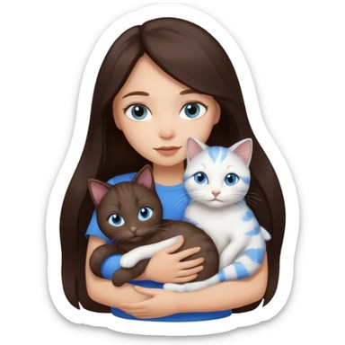 a pretty girl with long dark 
brown hair, with blue eyes, hugs 3 different natural coloured small cats sticker