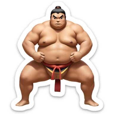 Sumo Wrestling – Cinematic Realistic Sumo Wrestling Scene, featuring a powerful sumo wrestler in traditional mawashi engaged in an intense bout on a sandy dohyo, muscles tensed and sweat glistening under dramatic arena lighting, capturing the raw energy and tradition of the sport. sticker